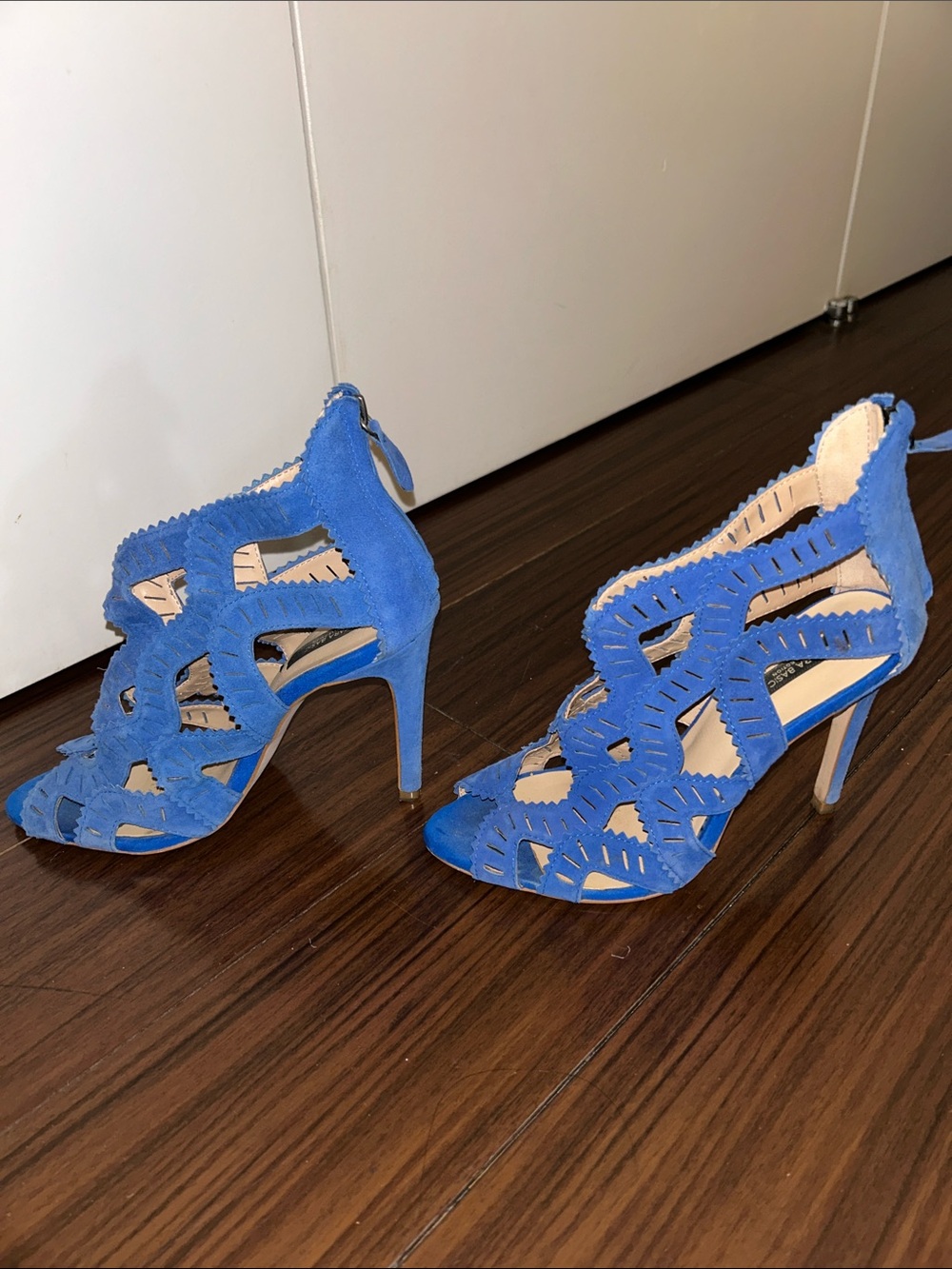 Zara Bright Blue Laser-Cut Suede Stiletto Sandals Sz 37 - Picture 5 of 7